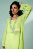 FOZIA KHALID - Lime Green Embroidered Tunic - Lime Green - Karandi - 1 Piece