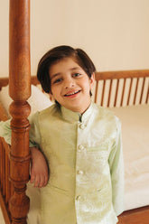 Hummingbirdspk - Mint Silk Jamawar Waistcoat - 1 Piece