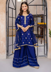Modest - Blue Rawsilk Embroidered Gharara For Girl - 3 Piece