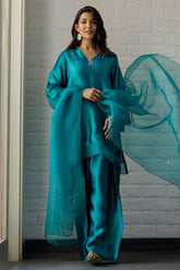 Deepak Perwani - Teal Farshi - Sheesha Silk - Emerald - 2 Piece