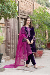 Omal by Komal - Phulkari - Purple - Velvet & Organza - 3 Piece