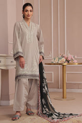Oaks - Embroidered Pret & Unstitched Suit Dyed Cambric Beige - 3 Piece