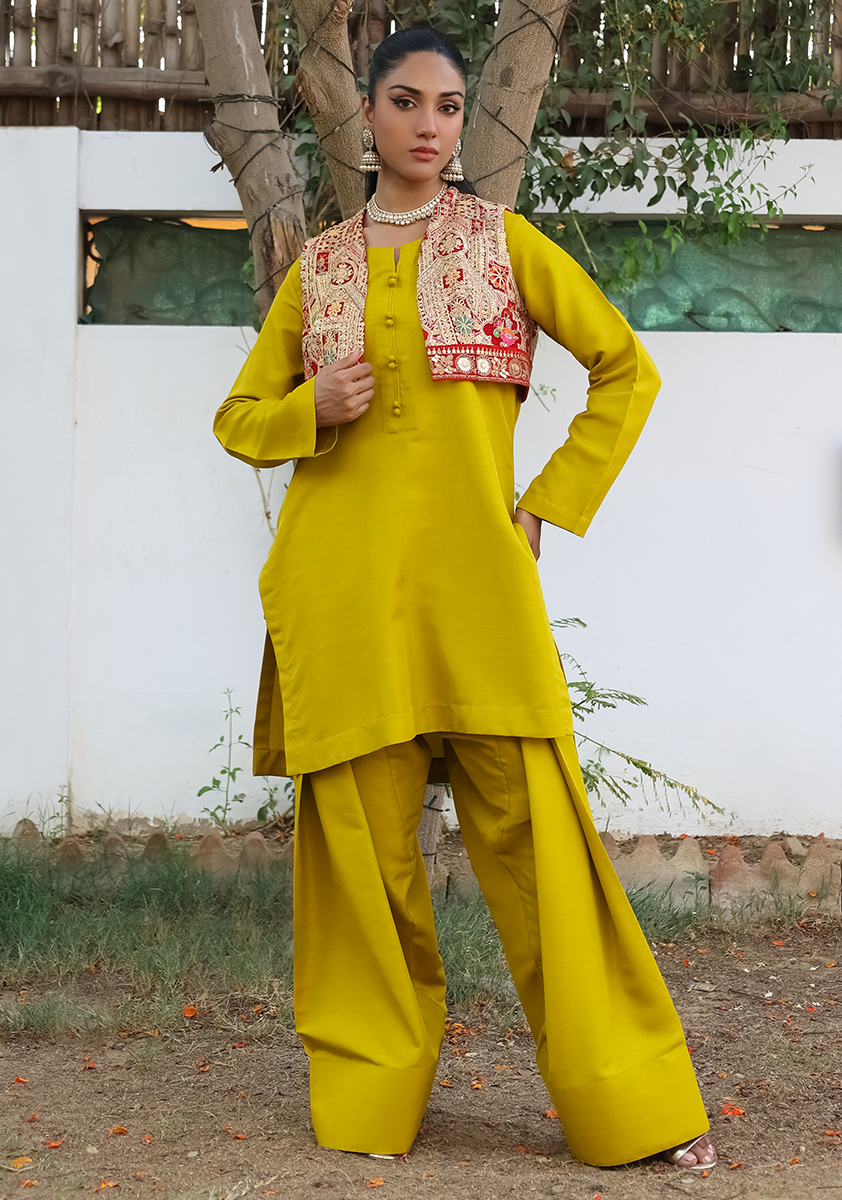 Huma Adnan - Sahar - Mustard - Raw Silk - 3 Piece