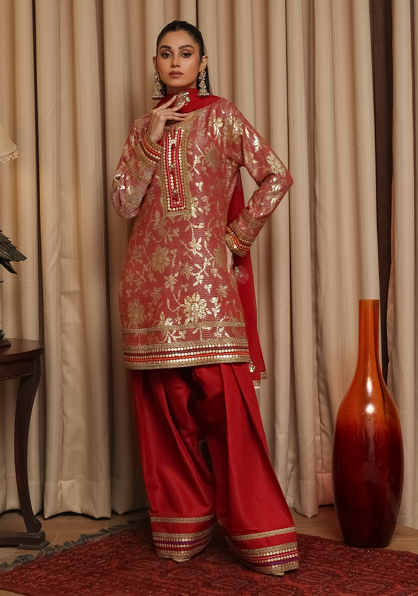 Huma Adnan - Mahveen - Red - Raw Silk - 3 Piece