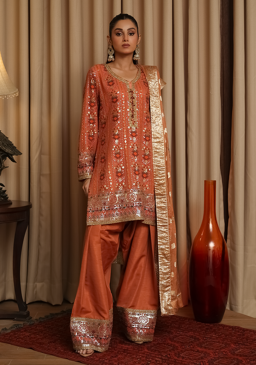 Huma Adnan - Naaz - Orange - Raw Silk - 3 Piece