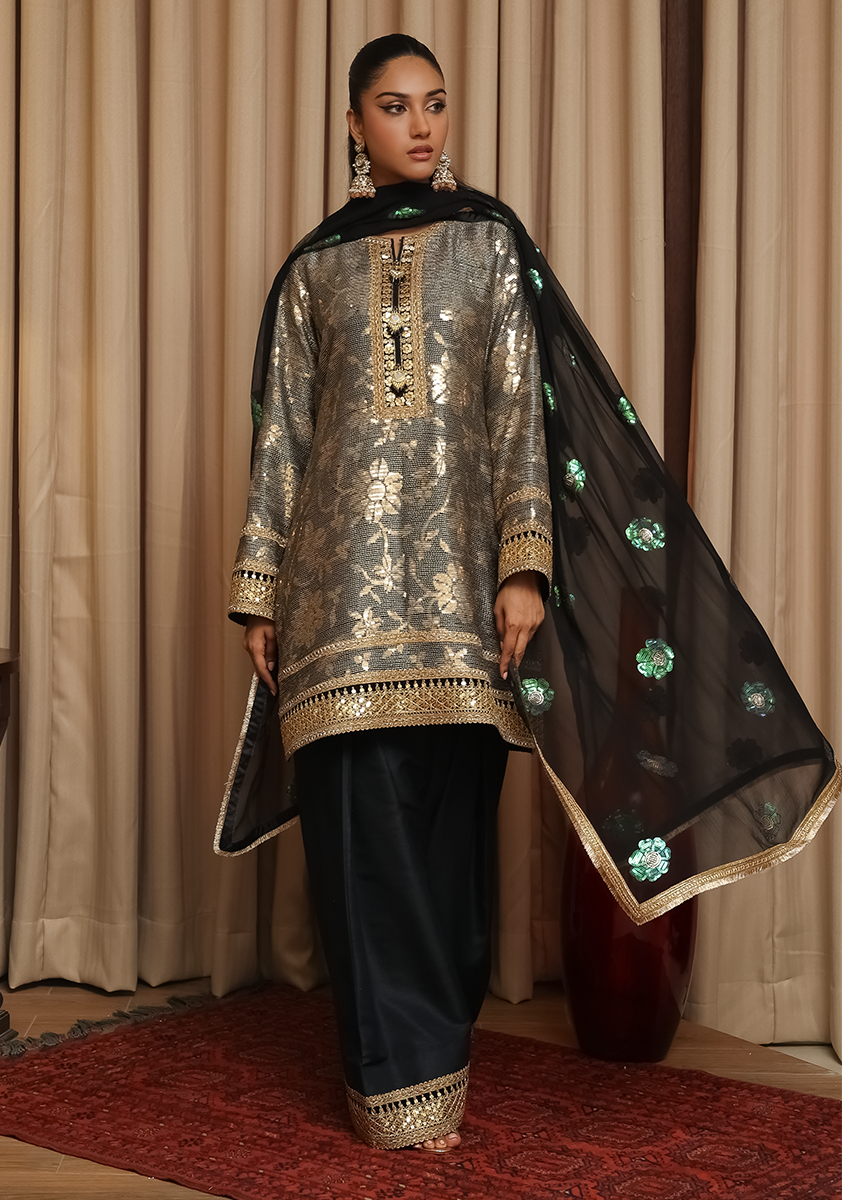 Huma Adnan - Meena - Black - Raw Silk - 3 Piece