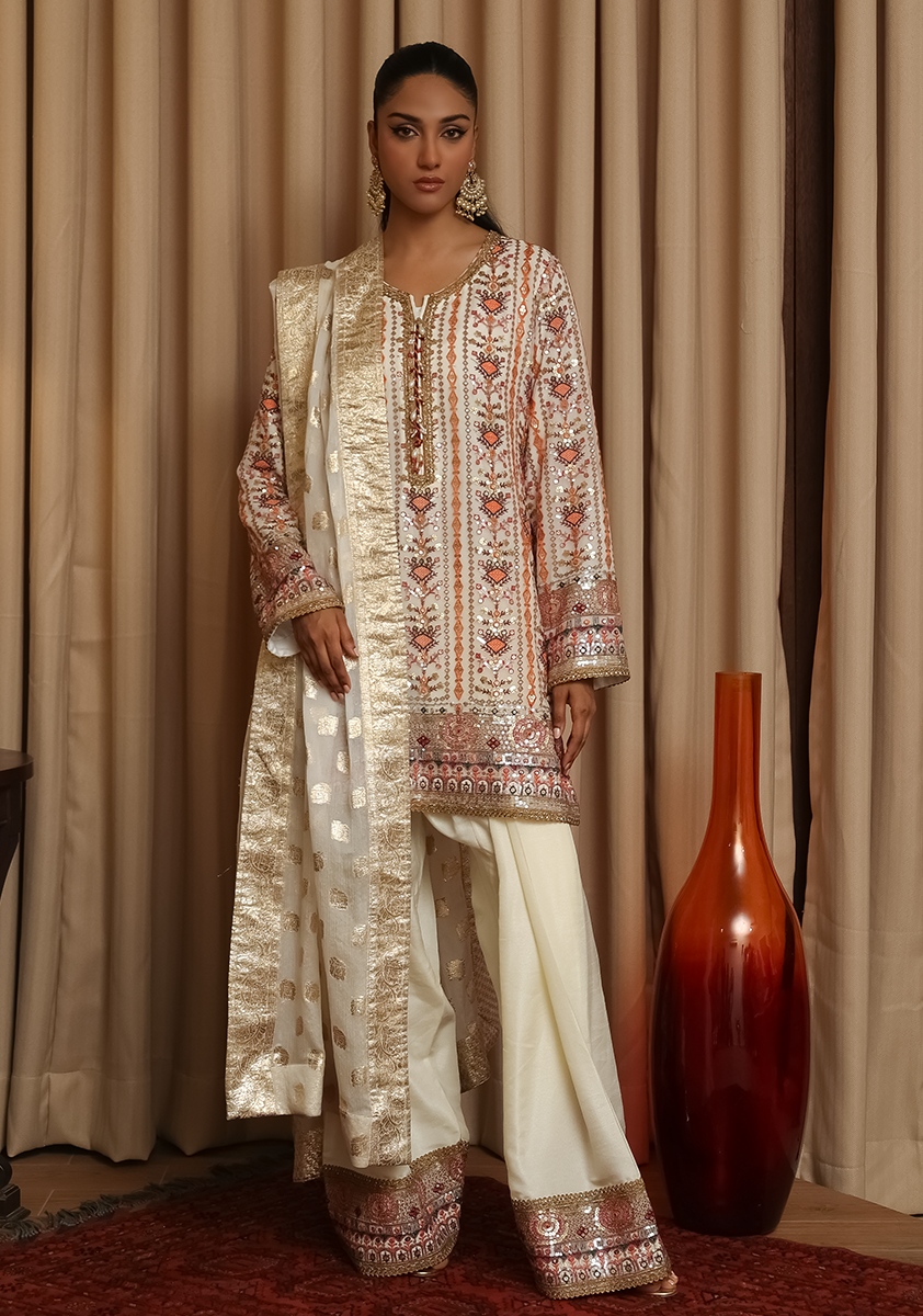 Huma Adnan - Samaa - White - Raw Silk - 3 Piece