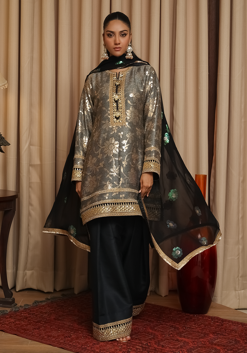 Huma Adnan - Meena - Black - Raw Silk - 3 Piece