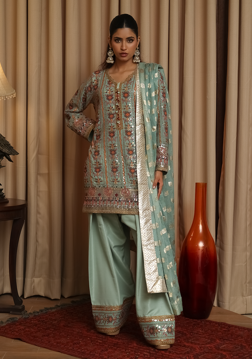 Huma Adnan - Miraal - Sage Green - Raw Silk - 3 Piece