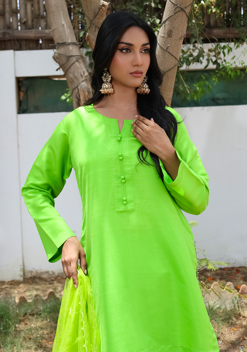 Huma Adnan - Zareem - Apple Green - Raw Silk - 3 Piece