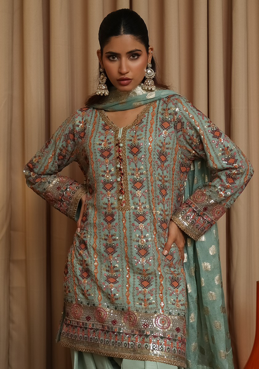 Huma Adnan - Miraal - Sage Green - Raw Silk - 3 Piece
