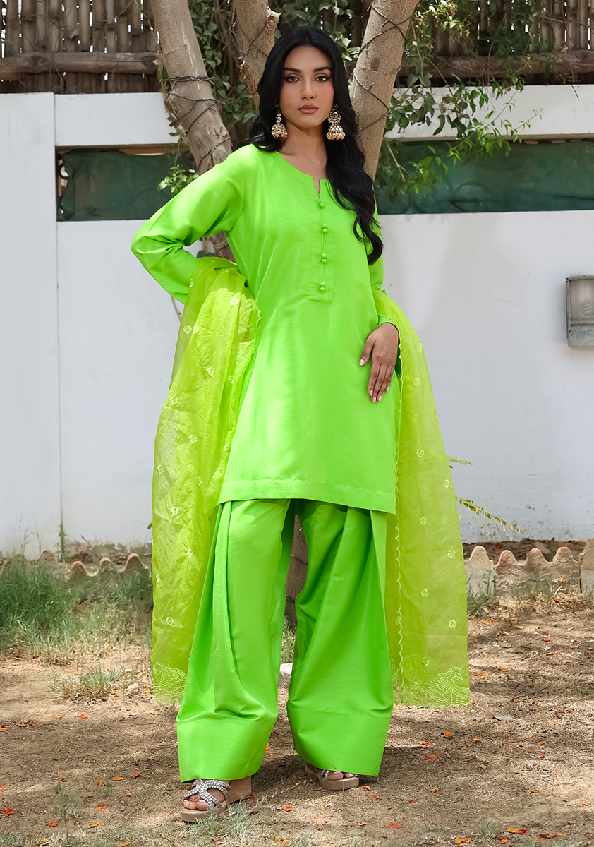 Huma Adnan - Zareem - Apple Green - Raw Silk - 3 Piece