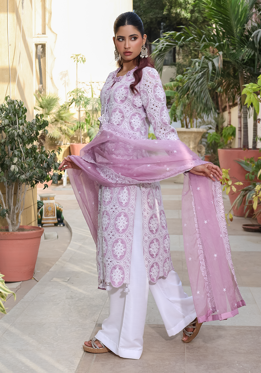 Huma Adnan - Falak - Chikankari - Purple & White - 3 Piece