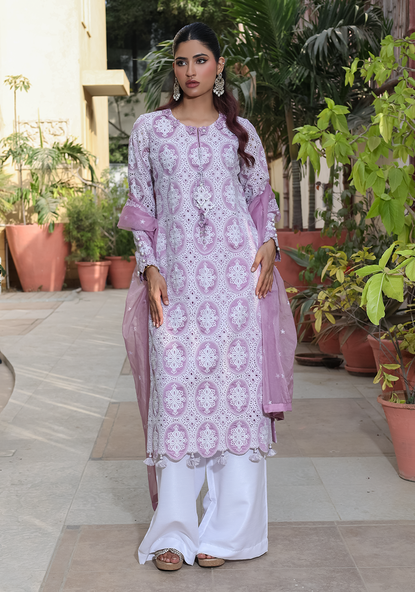 Huma Adnan - Falak - Chikankari - Purple & White - 3 Piece