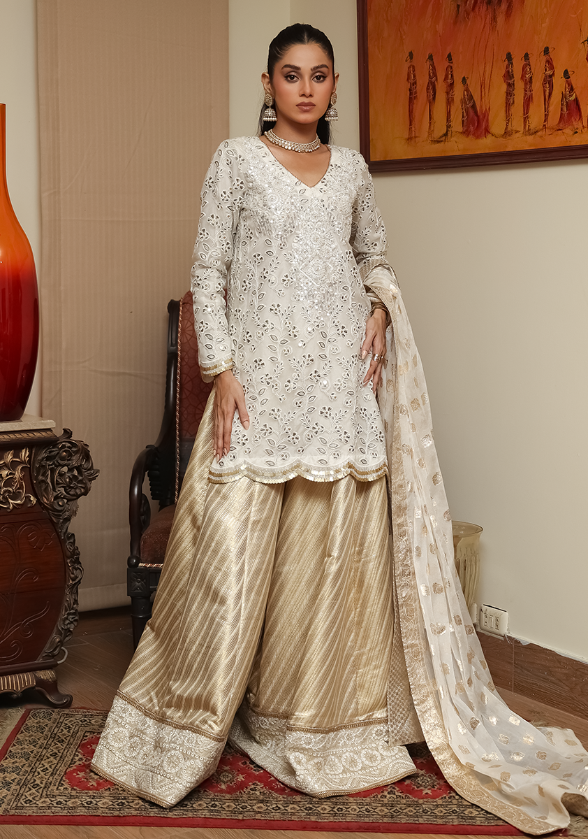 Huma Adnan - Bano - Cream & Gold - Organza & Jamawar - 3 Piece