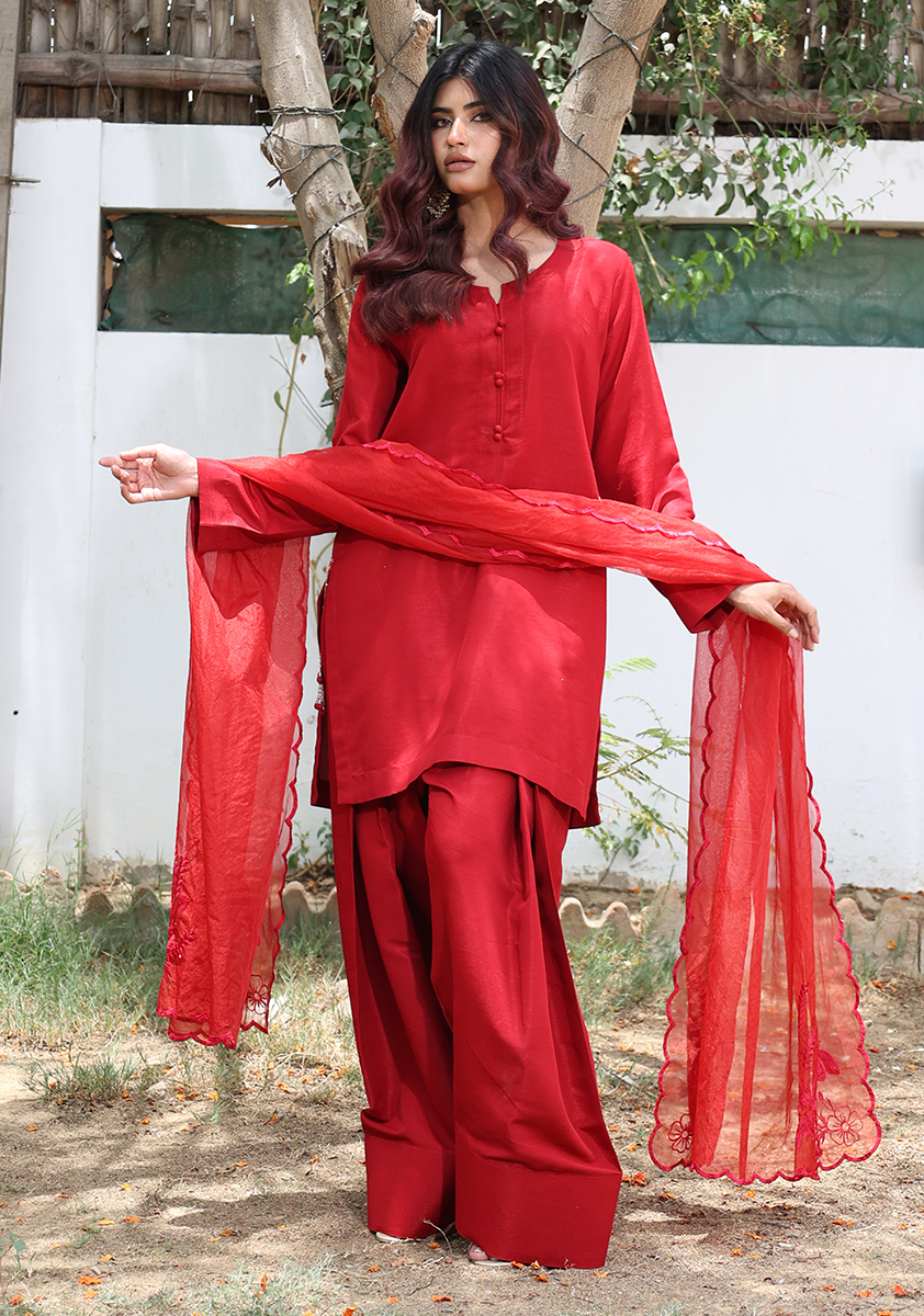 Huma Adnan - Suhana - Raw Silk - Red - 3 Piece