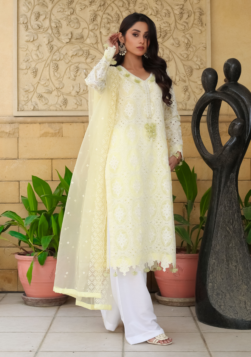 Huma Adnan - Raha - Chikankari - Lemon Yellow - 3 Piece