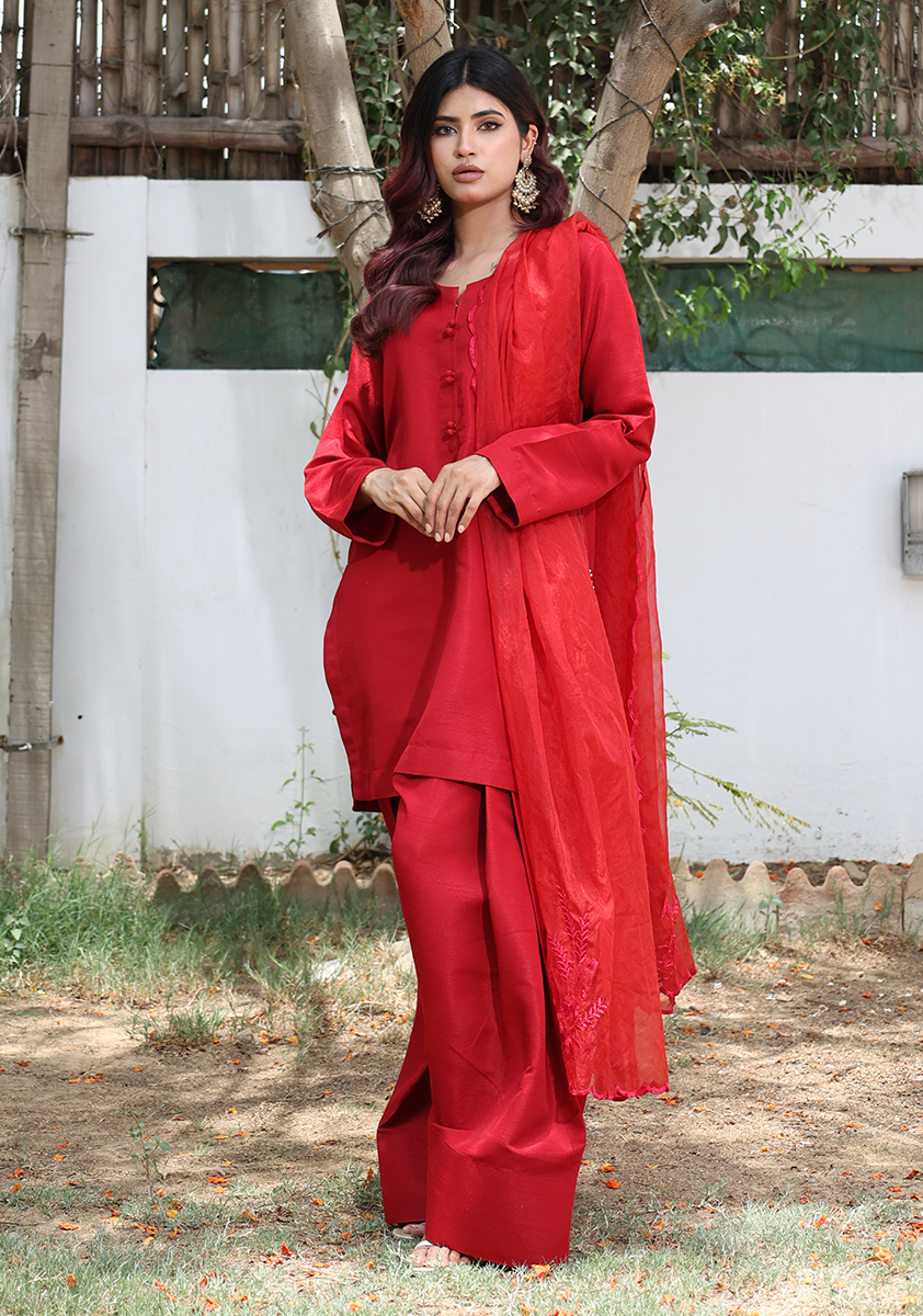 Huma Adnan - Suhana - Raw Silk - Red - 3 Piece