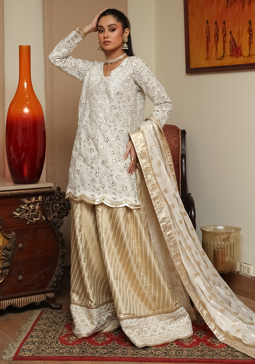 Huma Adnan - Bano - Cream & Gold - Organza & Jamawar - 3 Piece