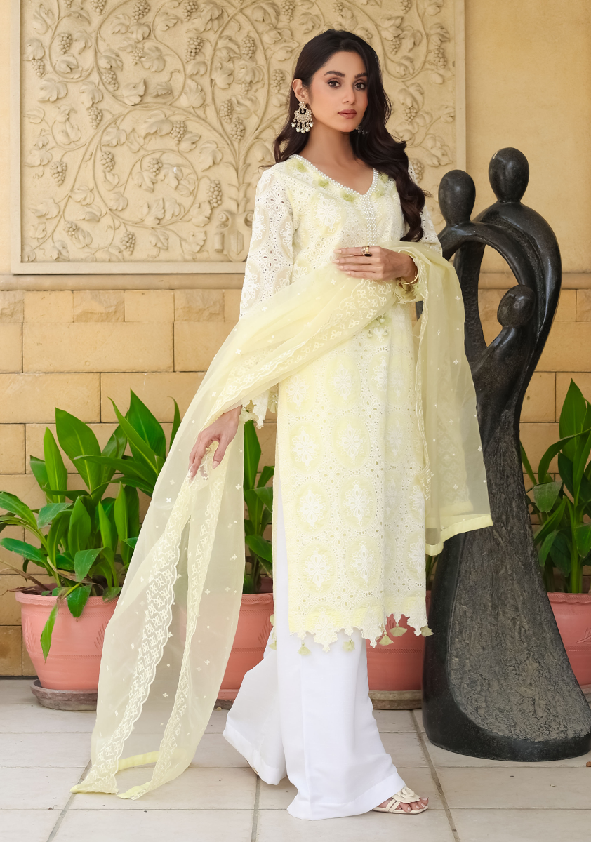 Huma Adnan - Raha - Chikankari - Lemon Yellow - 3 Piece