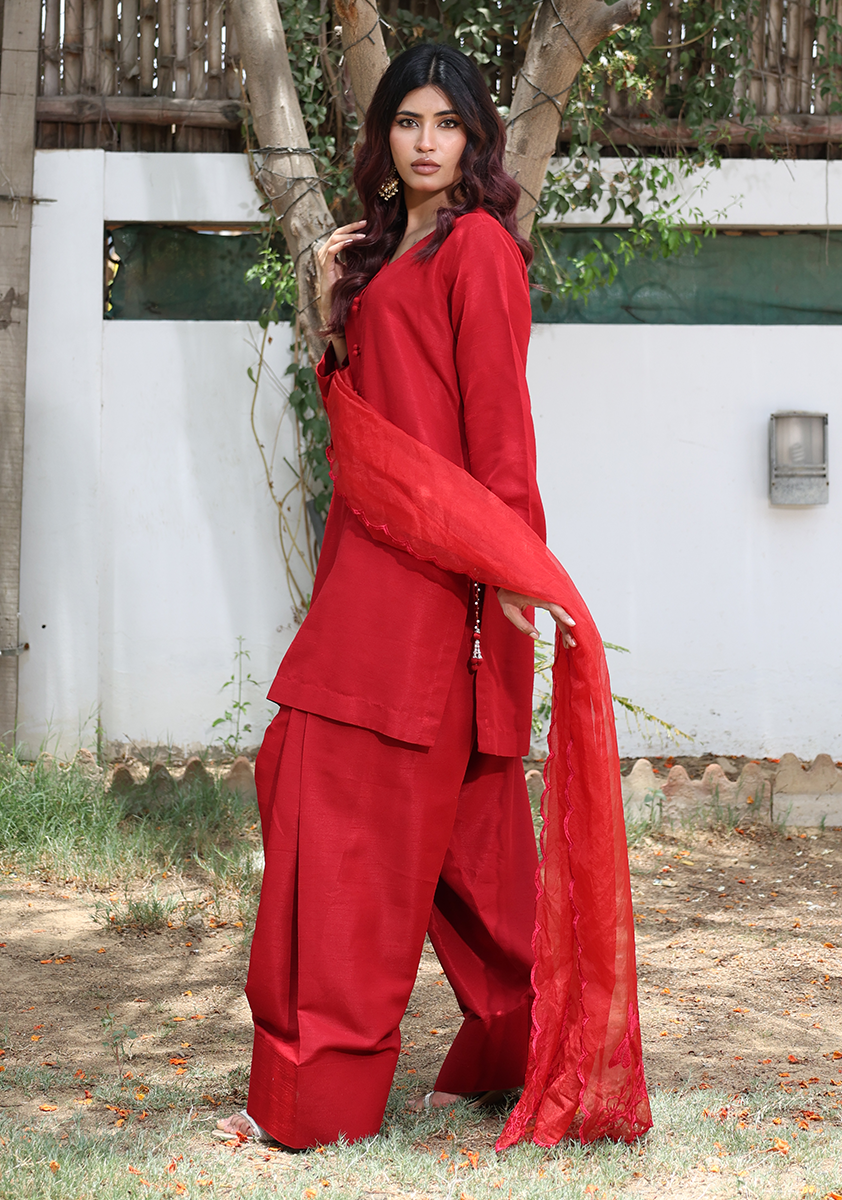 Huma Adnan - Suhana - Raw Silk - Red - 3 Piece