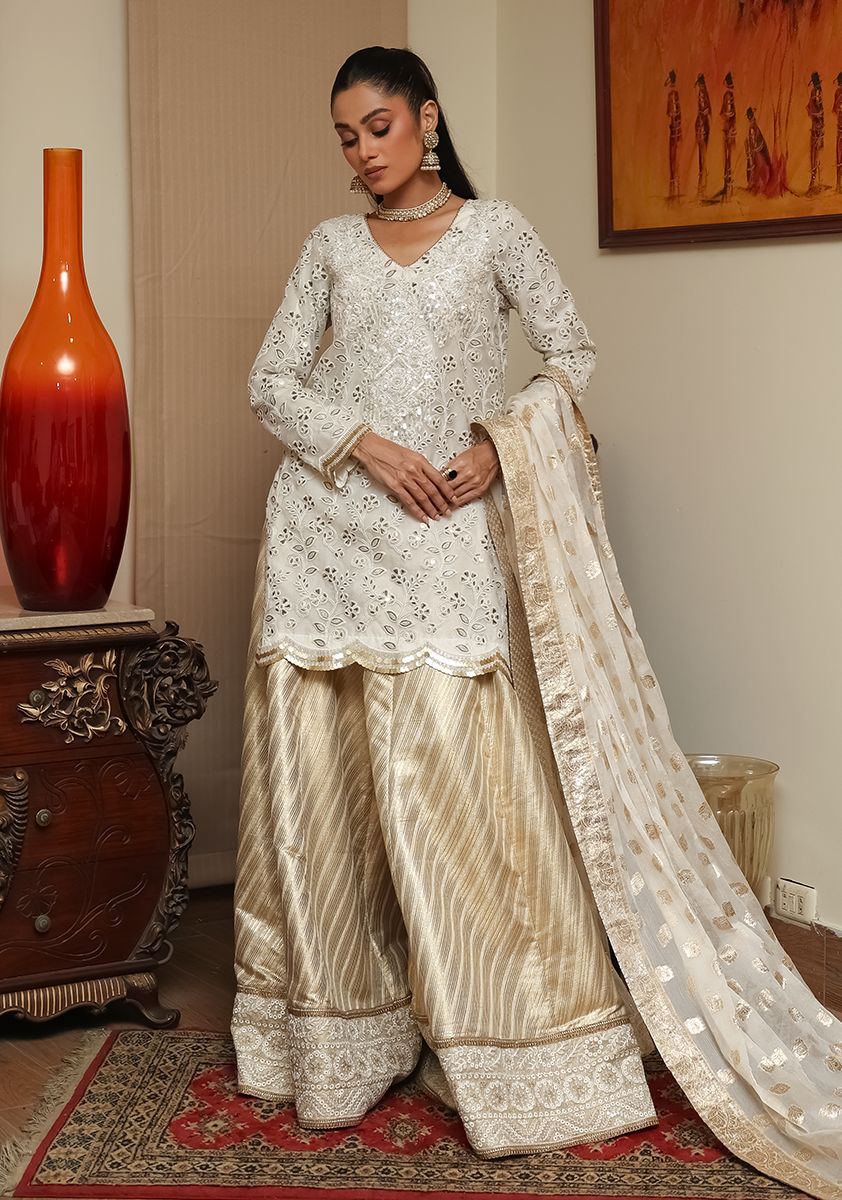Huma Adnan - Bano - Cream & Gold - Organza & Jamawar - 3 Piece