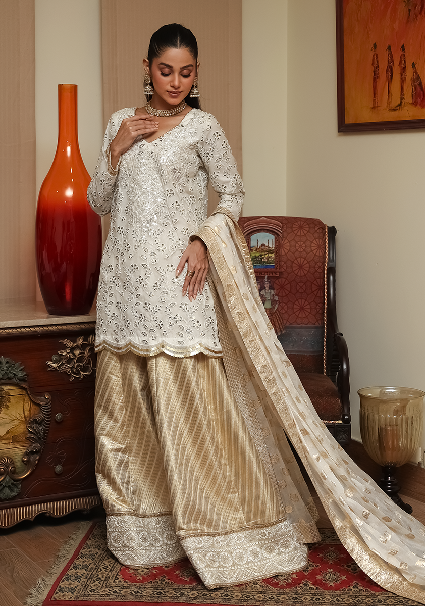 Huma Adnan - Bano - Cream & Gold - Organza & Jamawar - 3 Piece