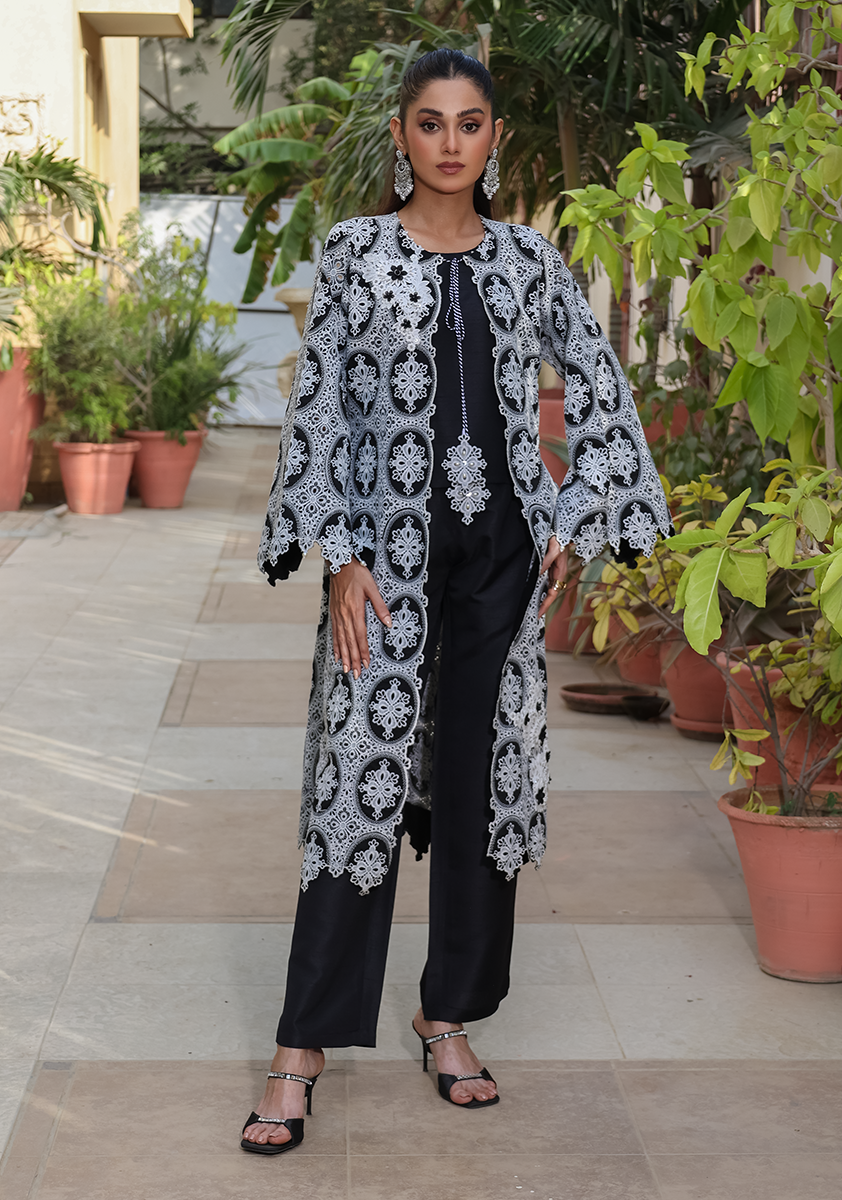 Huma Adnan - Maya - Raw Silk & Chikankari - Black & Grey - 3 Piece