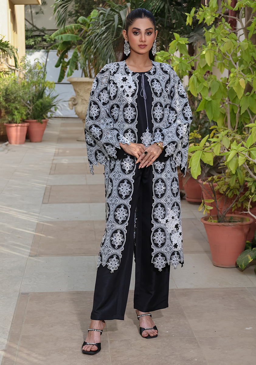 Huma Adnan - Maya - Raw Silk & Chikankari - Black & Grey - 3 Piece