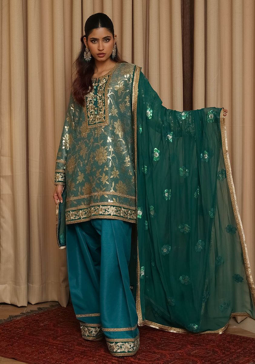 Huma Adnan - Shamim - Sea Green - Raw Silk - 3 Piece