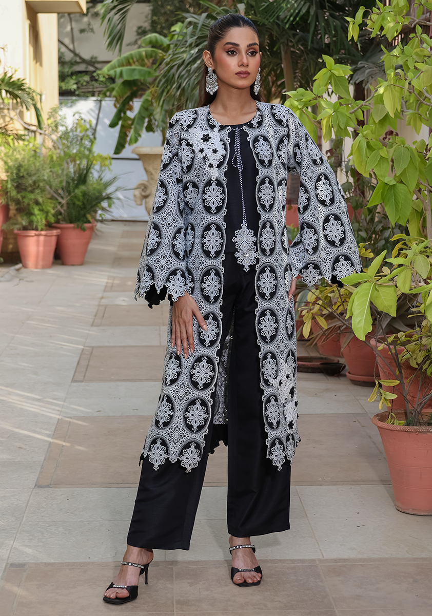 Huma Adnan - Maya - Raw Silk & Chikankari - Black & Grey - 3 Piece