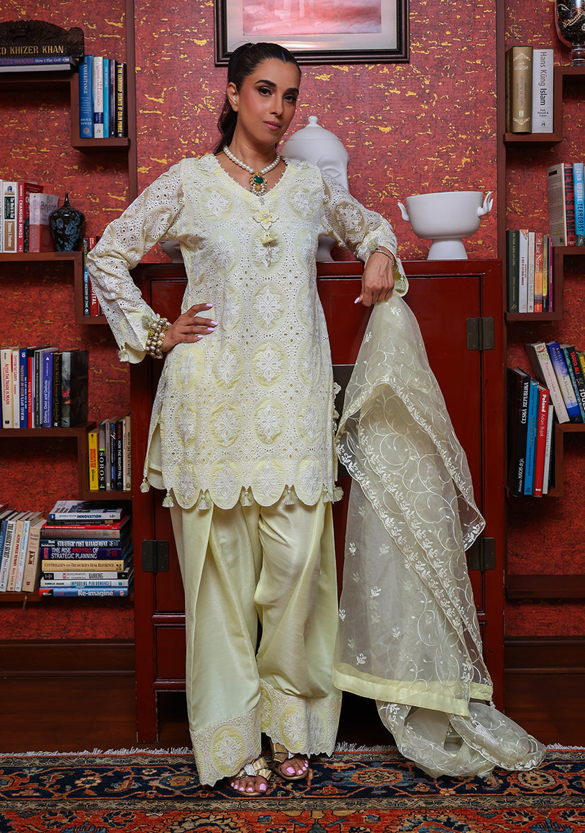 Huma Adnan - zobia - Chikankari - Lemon Yellow - 3 Piece