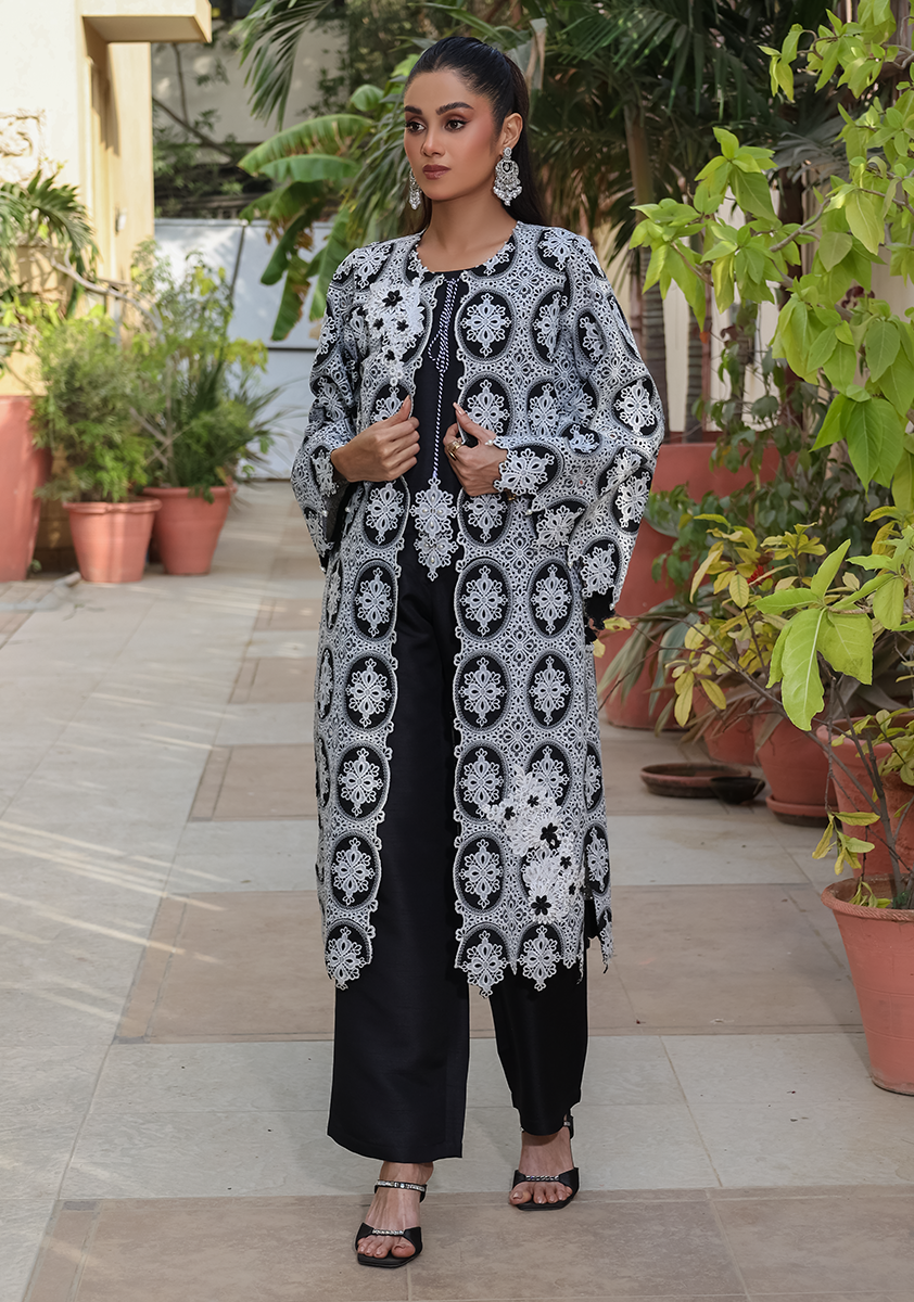 Huma Adnan - Maya - Raw Silk & Chikankari - Black & Grey - 3 Piece