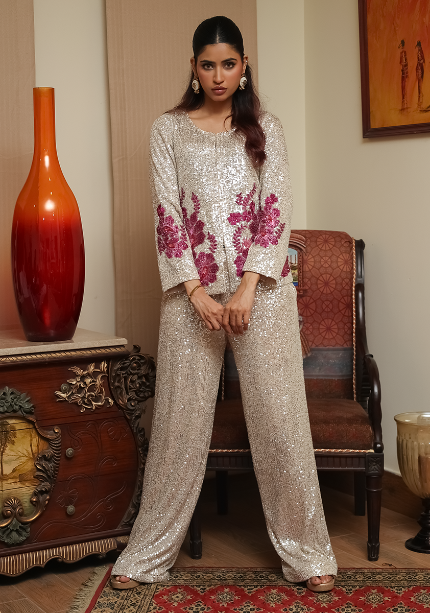 Huma Adnan - Sasha - Silver & Grey - Net Sequins & Cotton - 2 Piece