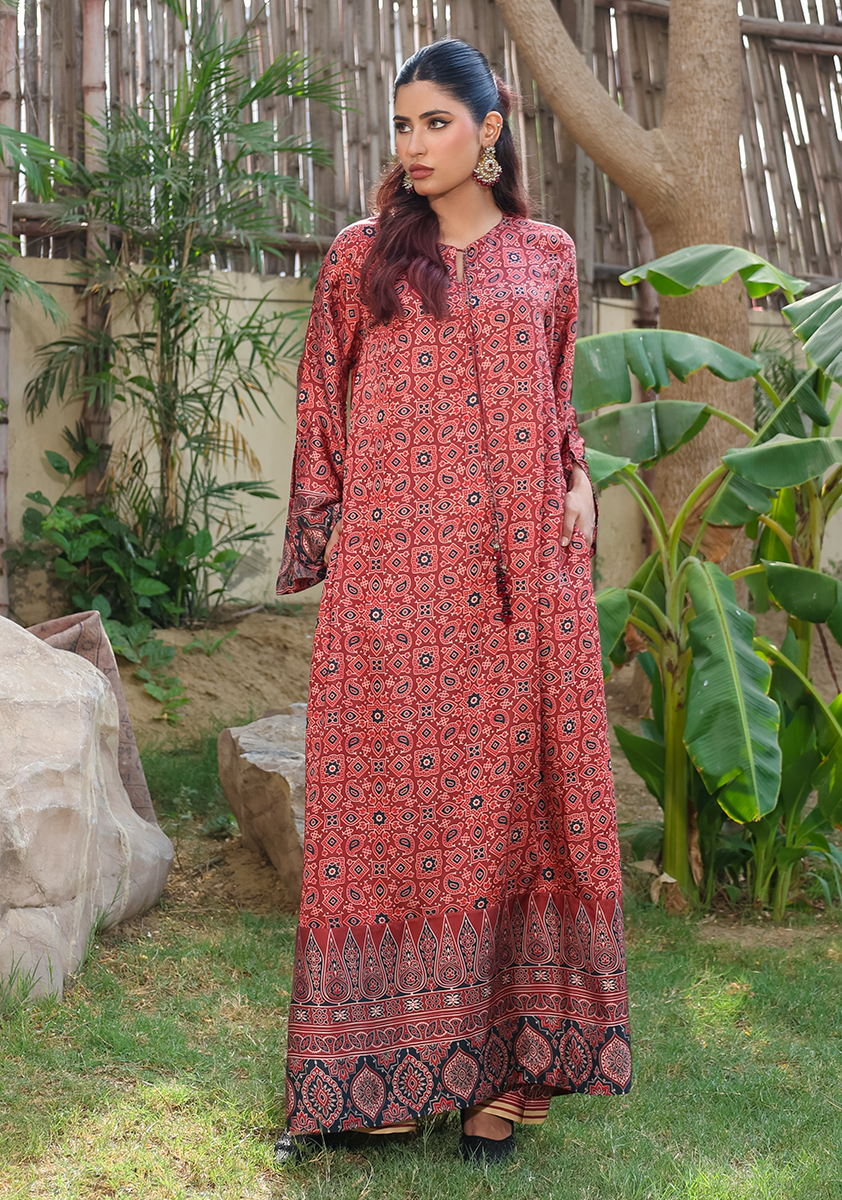 Huma Adnan - zarlish - Kaftan - Red - Silk - 2 Piece