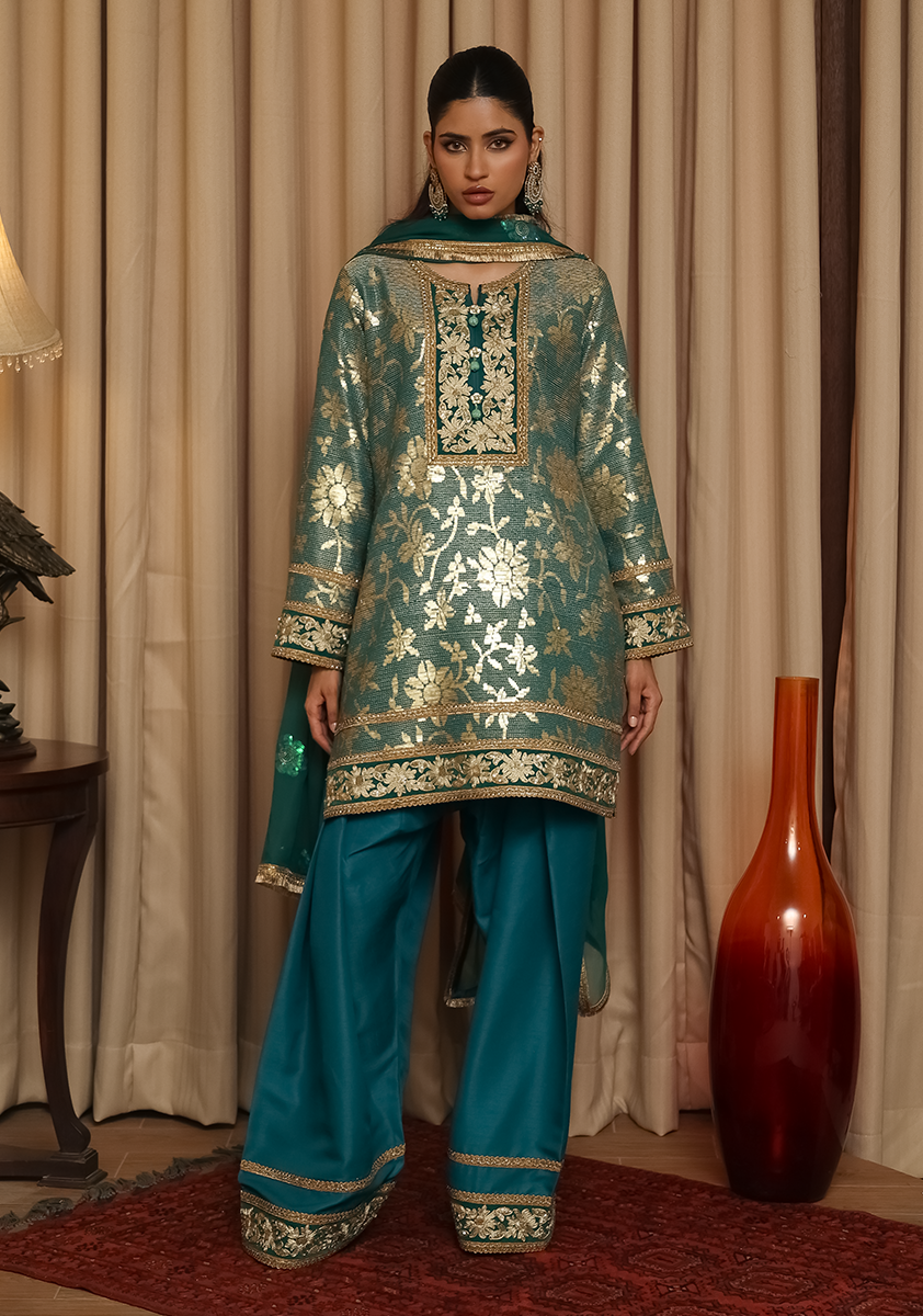 Huma Adnan - Shamim - Sea Green - Raw Silk - 3 Piece