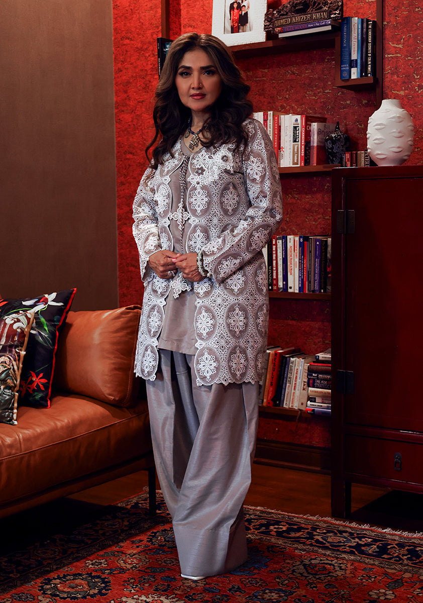 Huma Adnan - zeba - Raw Silk & Chikankari - Grey - 3 Piece