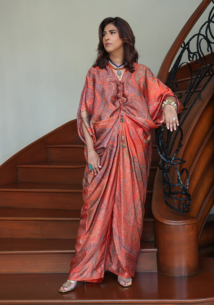 Huma Adnan - Sirah - Kaftan - Silk - Rust - 2 Piece
