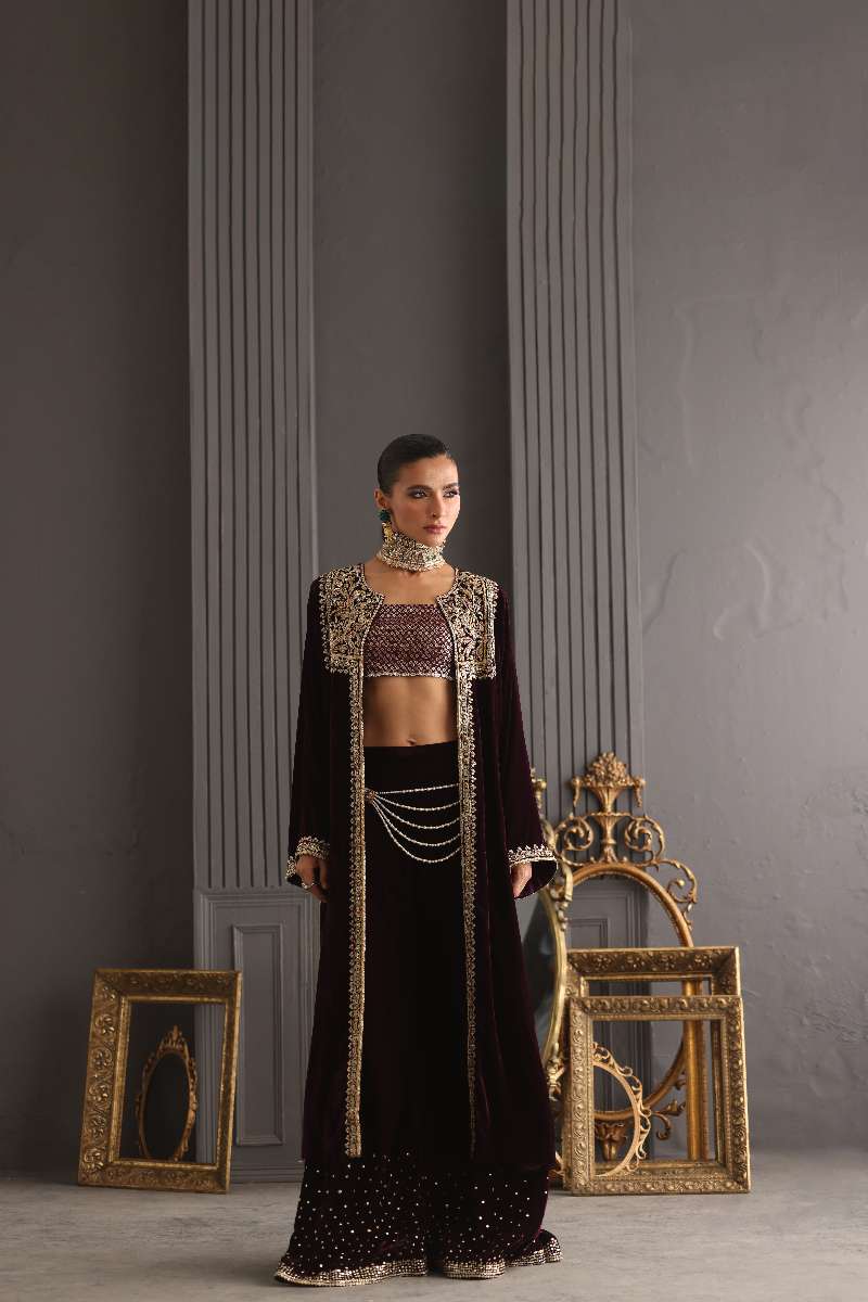 Deepak Perwani - Velvet Paneled Jacket Suit For Women - 3 Piece