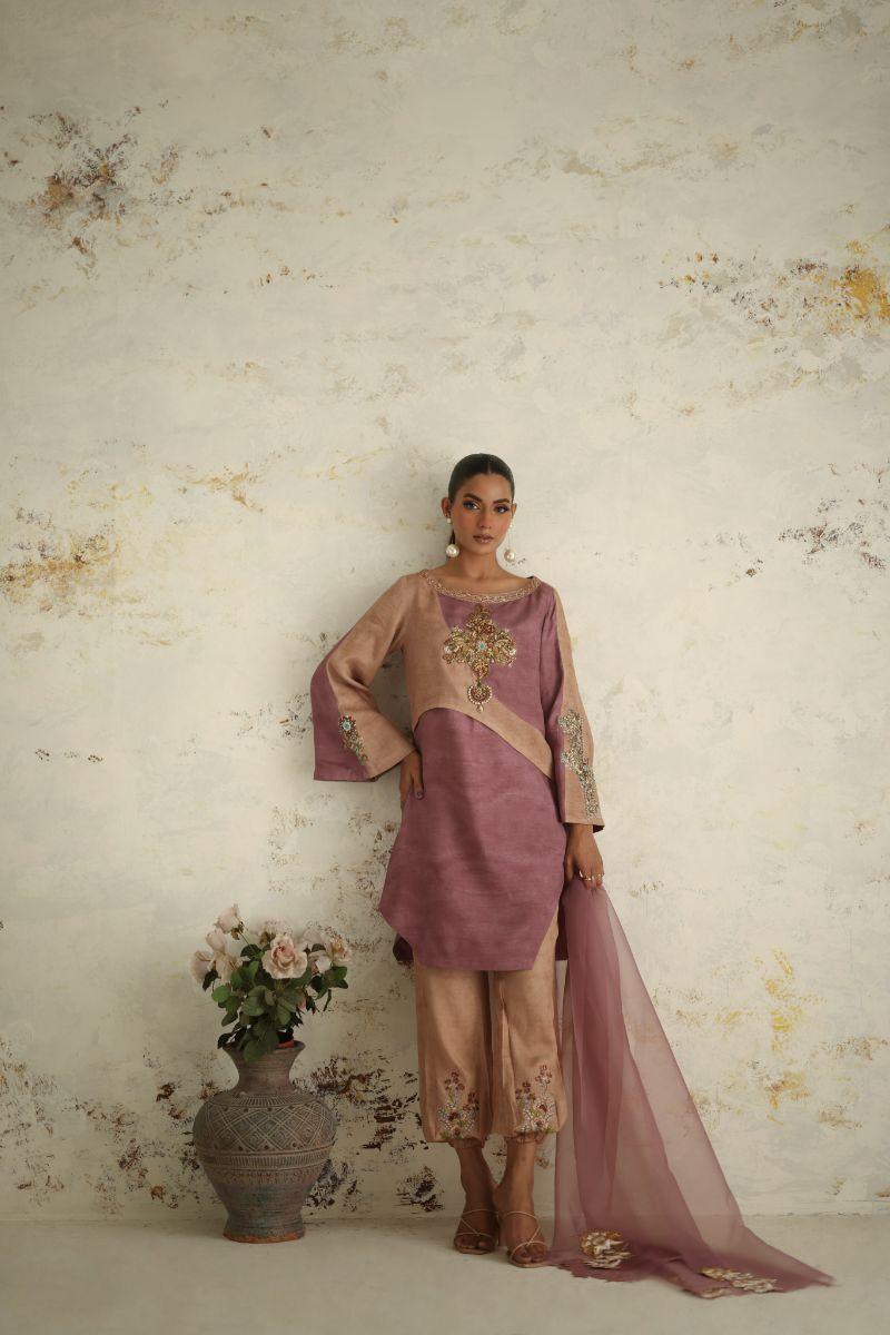 Shamaeel - RE-1 - Coffee & Tea Pink - Silk & Organza - 3 Piece