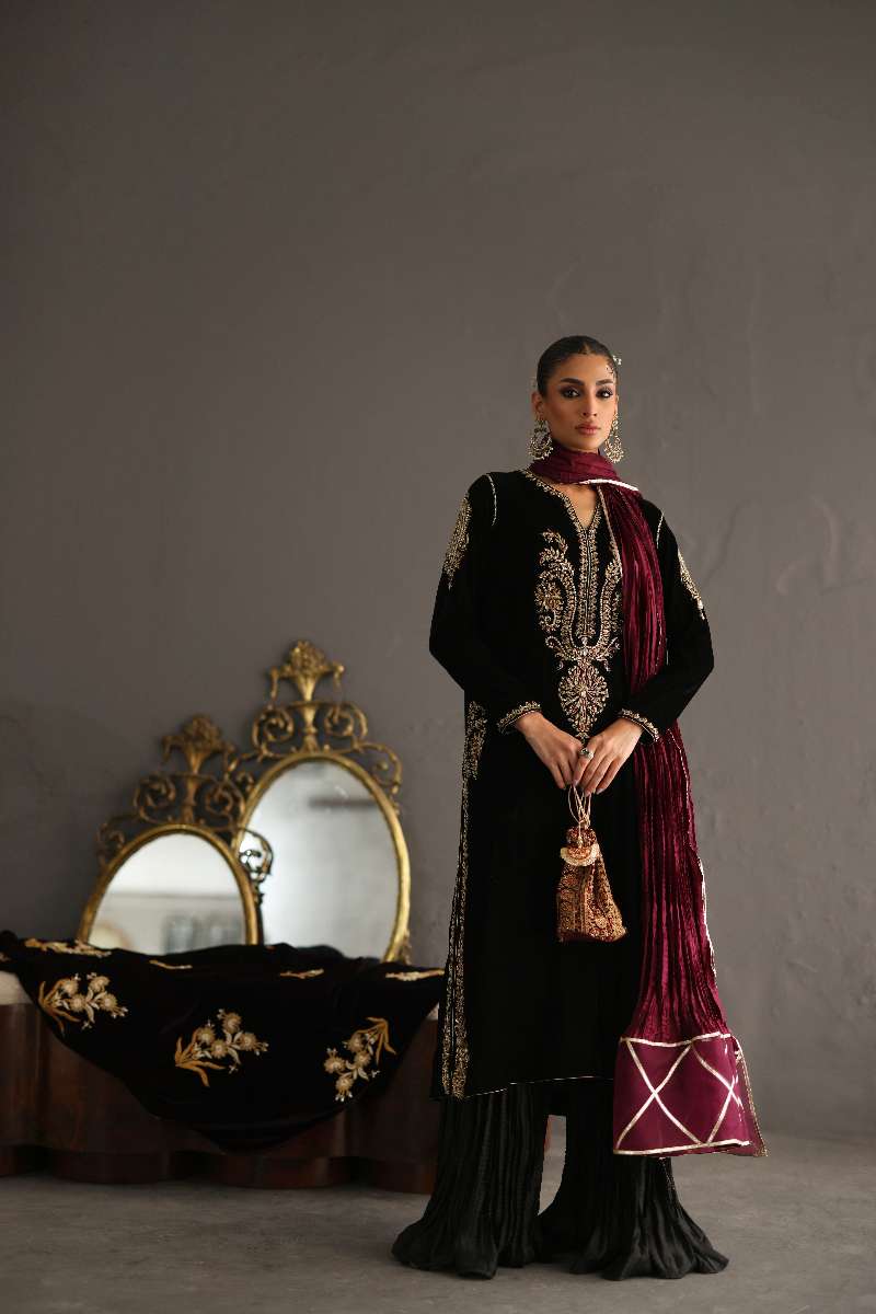 Deepak Perwani - Velvet & French Net Formal Suit For Women - 3 Piece