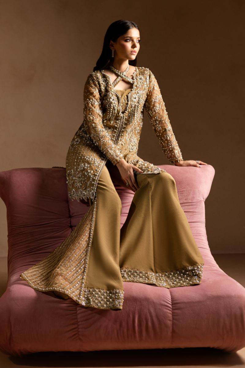 Maria Osama Khan - Sabahat - JACKET & BOTCUT PANT - HAZEL WOOD - ORGANZA & PK RAWSILK - 4 Piece