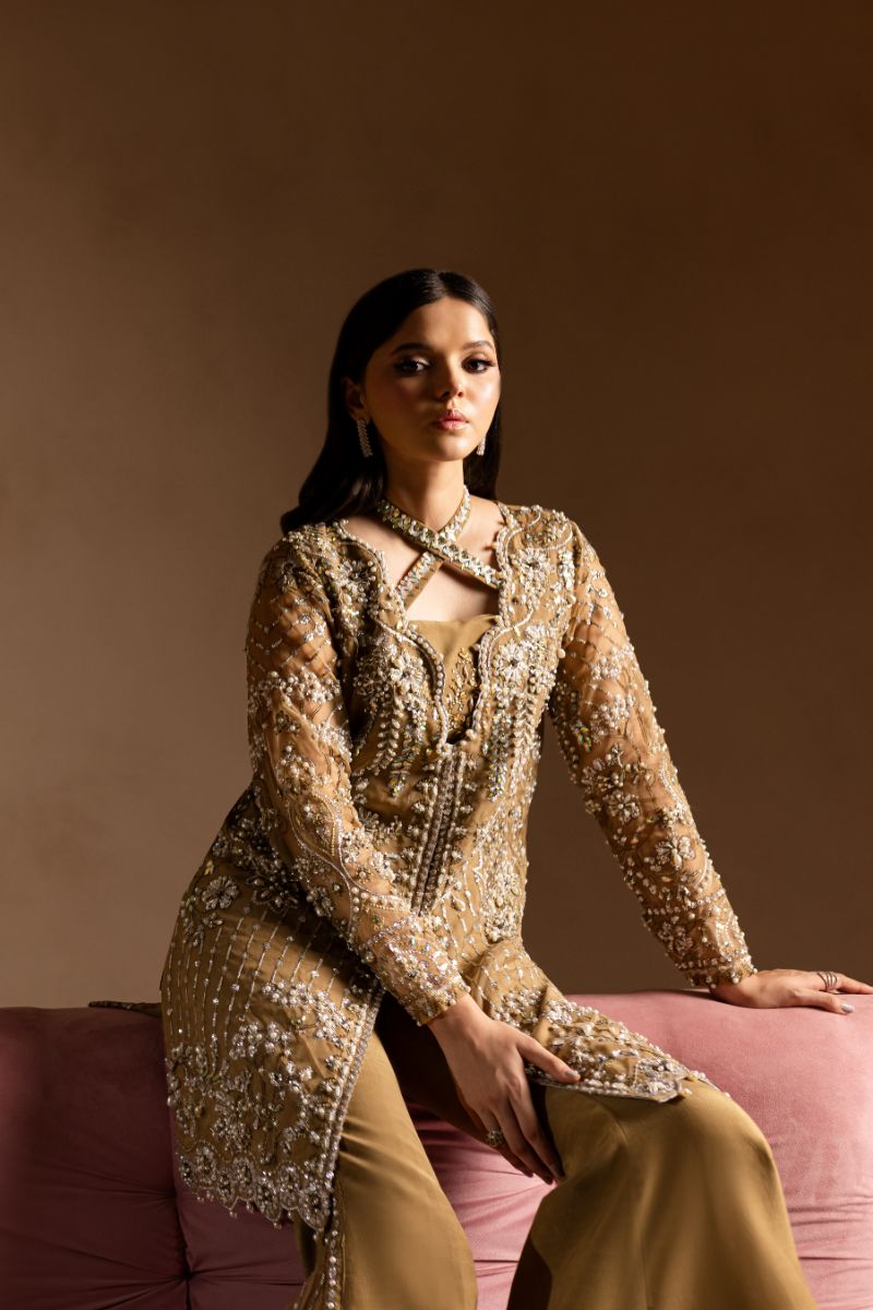 Maria Osama Khan - Sabahat - JACKET & BOTCUT PANT - HAZEL WOOD - ORGANZA & PK RAWSILK - 4 Piece