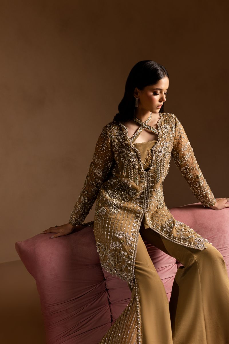 Maria Osama Khan - Sabahat - JACKET & BOTCUT PANT - HAZEL WOOD - ORGANZA & PK RAWSILK - 4 Piece