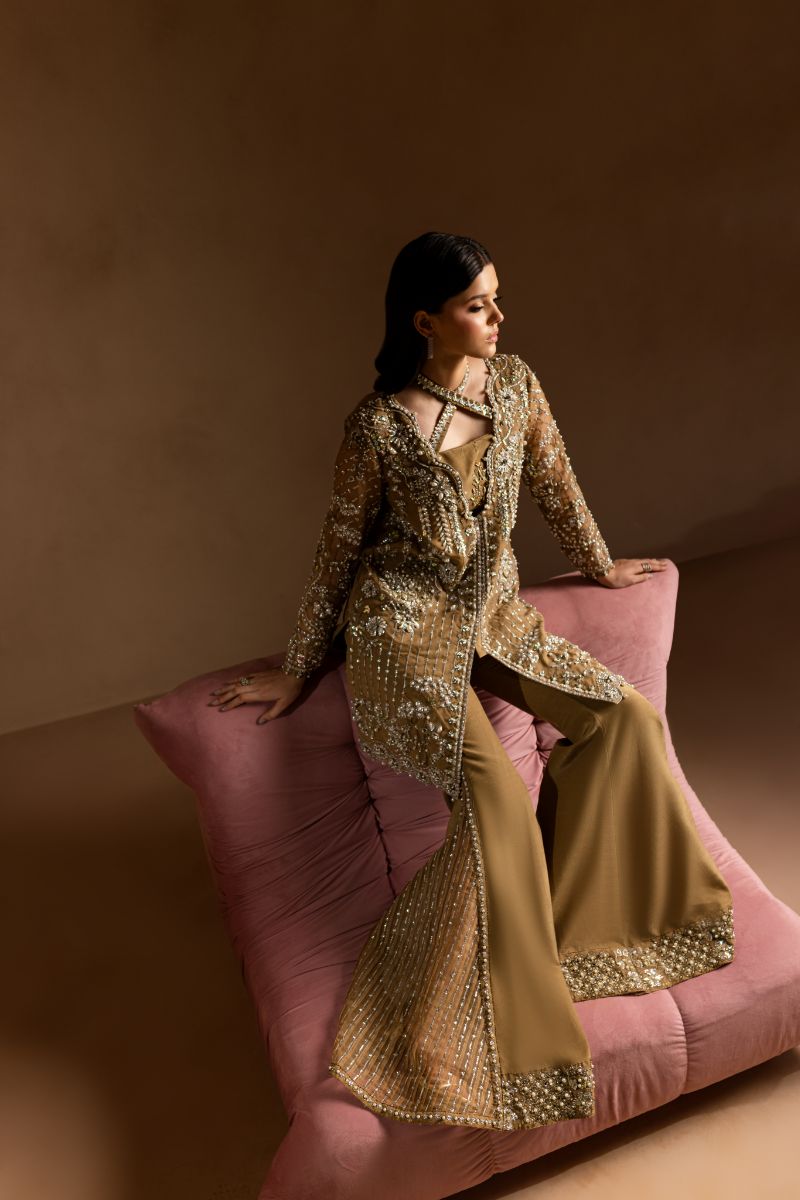 Maria Osama Khan - Sabahat - JACKET & BOTCUT PANT - HAZEL WOOD - ORGANZA & PK RAWSILK - 4 Piece