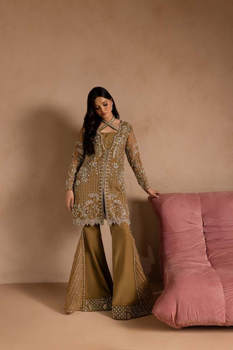 Maria Osama Khan - Sabahat - JACKET & BOTCUT PANT - HAZEL WOOD - ORGANZA & PK RAWSILK - 4 Piece