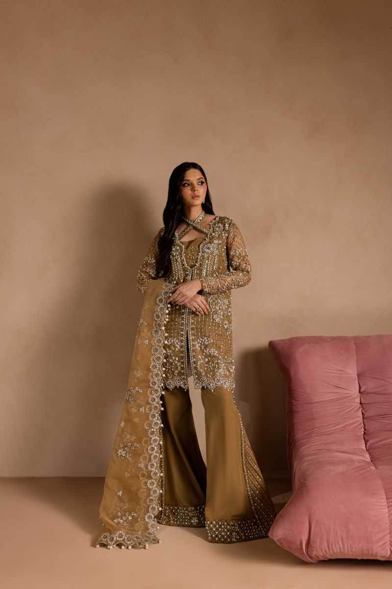 Maria Osama Khan - Sabahat - JACKET & BOTCUT PANT - HAZEL WOOD - ORGANZA & PK RAWSILK - 4 Piece