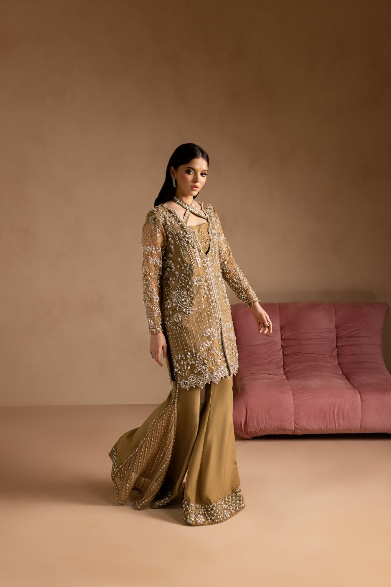 Maria Osama Khan - Sabahat - JACKET & BOTCUT PANT - HAZEL WOOD - ORGANZA & PK RAWSILK - 4 Piece