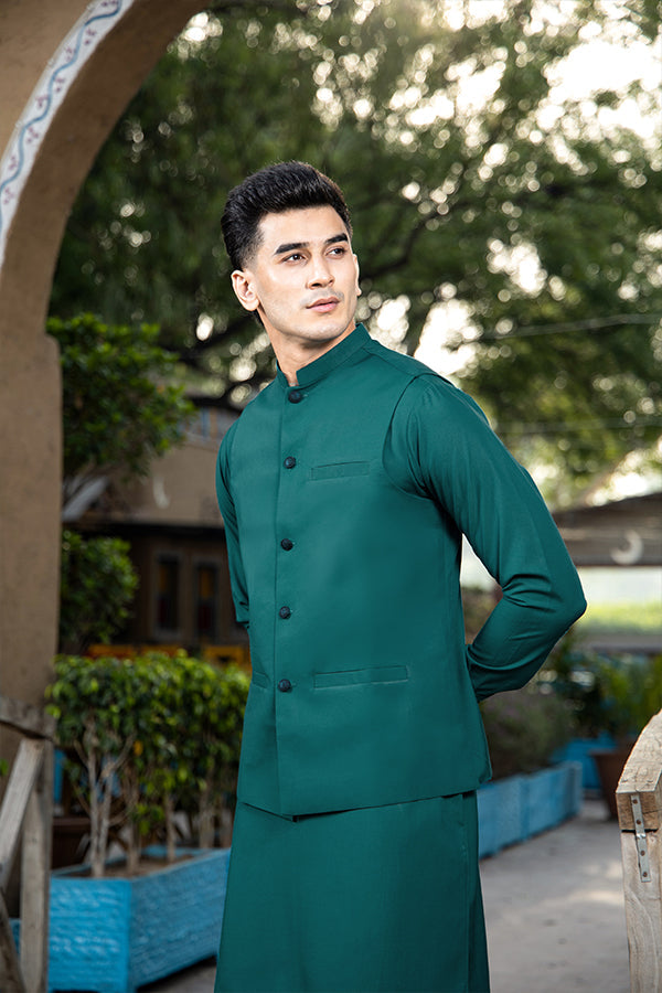 Arif Ashraf - Teal Kurta Trouser with Waistcoat