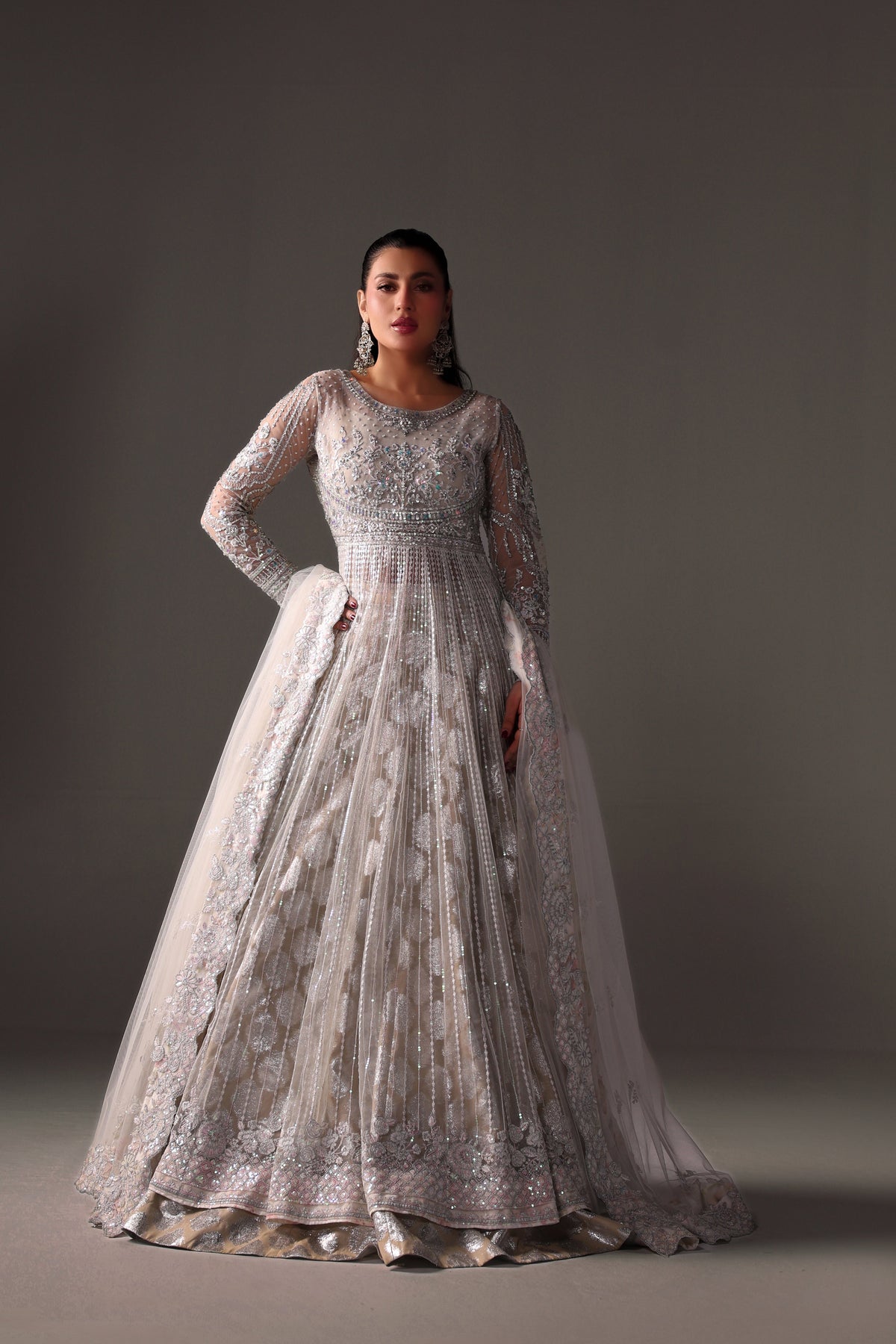Reema Ahsan - Elane Net & Jamawar Pishwas Lehenga For Women - White - 3 Piece